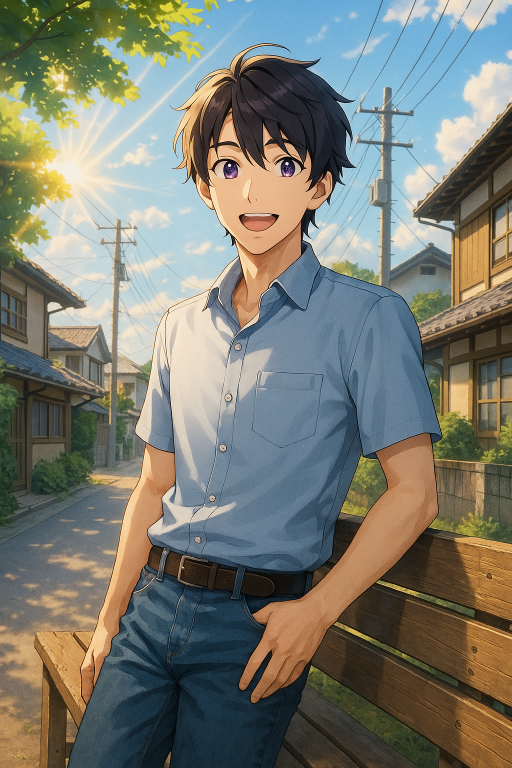 The boy in a traditional Japanese neighborhood